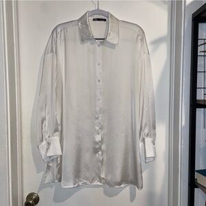 Oversized White Satin Button Down Top